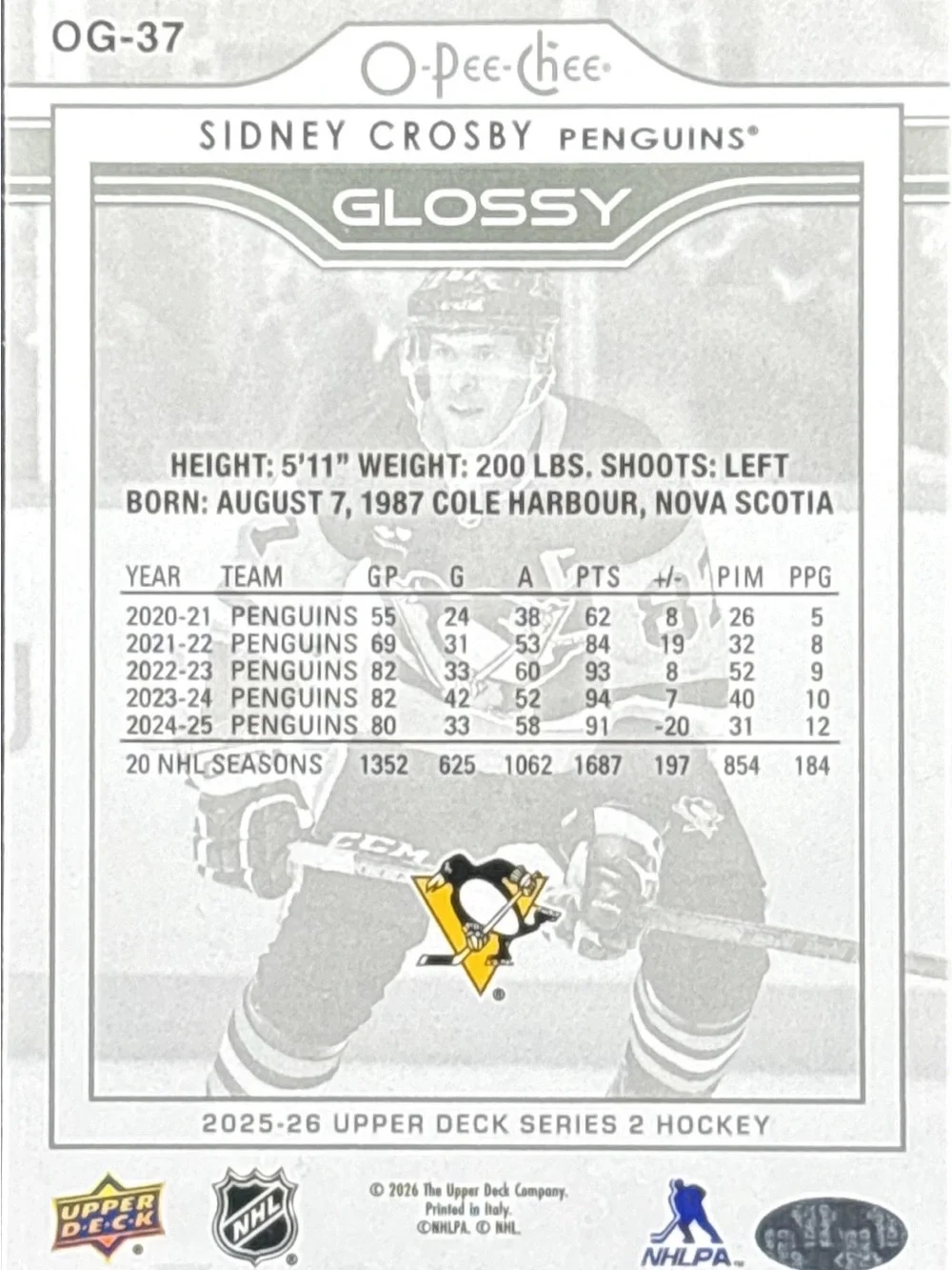 O-Pee-Chee Glossy Sidney Crosby Hockey Trading Card